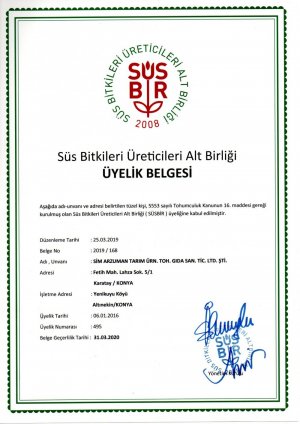 Süs Bitkileri Üreticileri Alt Birliği Üyelik Belgesi